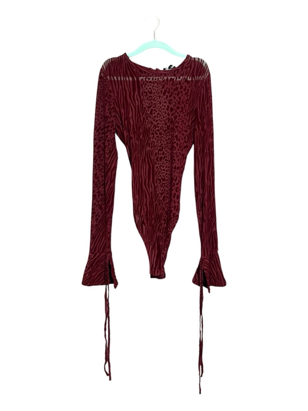 FASHION NOVA Burgundy Flocked Mesh Animal-Print Long-Sleeve Bodysuit